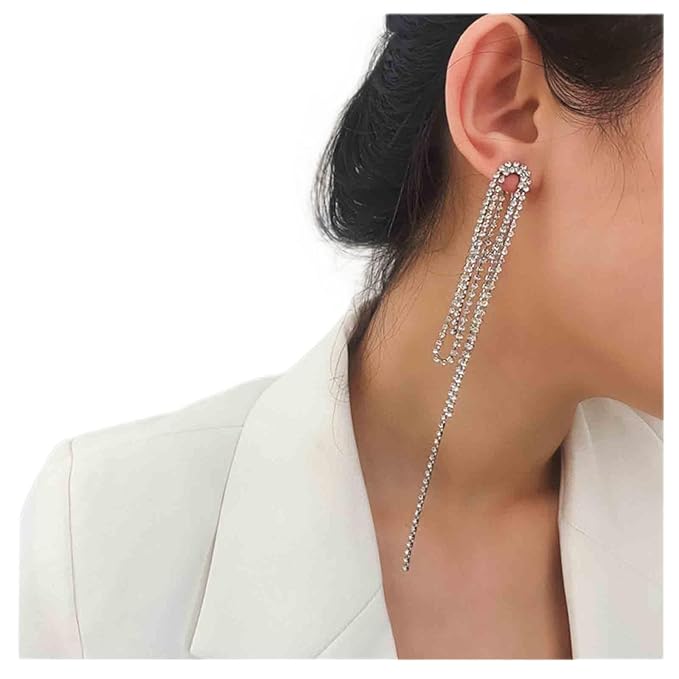 Rhinestone Tassel Ear Jacket Earrings Long Rhinestone Chain Earrings Silver Crystal Tassel Earrings Vintage Chandelier Chain Earrings Luxury Statement Earrings Jewelry for Women and Girls Gifts
