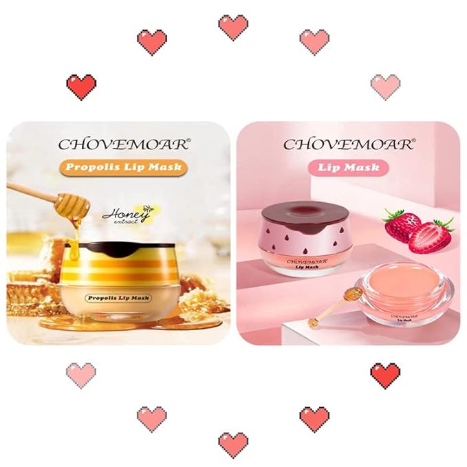 2PCS Honey Balm & Strawberry Lip Balm, Honey Lip Balm, Lip Masks for Dry and Cracked Lips with Brush, Lip Exfoliator & Moisturizer, Reduces Lips Lines & Lightens Lips, Anti-Wrinkle, Aging