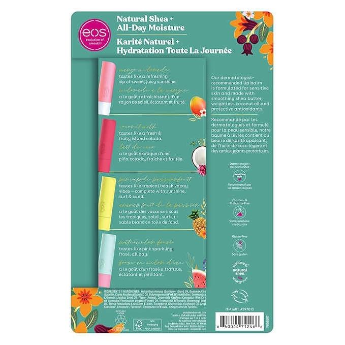 Eos Natural Shea Lip Balm Stick, 8-pack, 2 Mango Melonade, 2 Coconut Milk, 2 Pineapple Passionfruit, 2 Watermelon Frosé