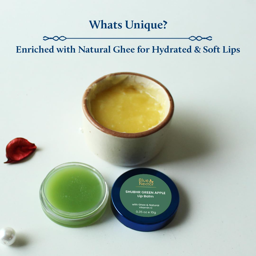 Blue Nectar Shubhr Green Apple Lip Balm & Gloss with Ghee & Natural Vitamin C for dry chapped lips with intense moisturization |100% Ayurvedic | Paraben & Sulphate Free| (0.5 oz,10 Herbs)