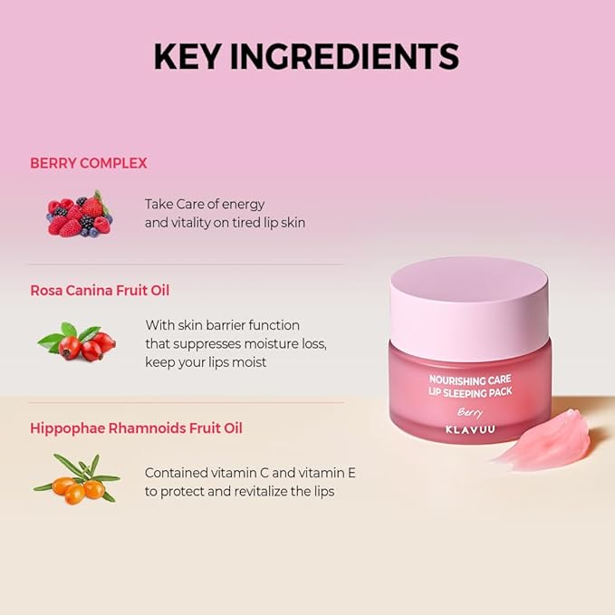 Klavuu Nourishing Care Lip Sleeping Pack - Lip Mask for Exfoliating & Nourishing Lip Treatment Balm for Dry Lips - Natural Moisturizing Lip Oil with - Lip Balm to Repair & Protect Lips 0.7oz (Berry)