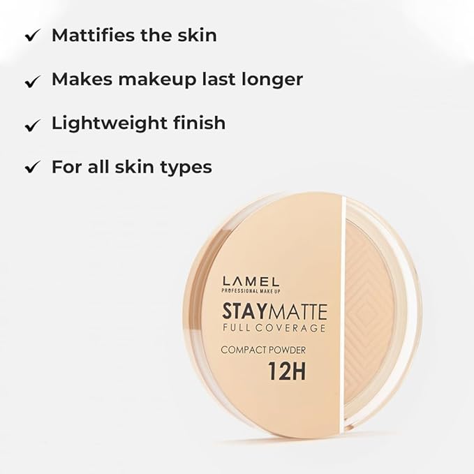 Lamel Stay Matte Compact Powder - Light Natural Coverage - Universal Neutral Undertone - Cruelty Free - Cool Ivory N.402