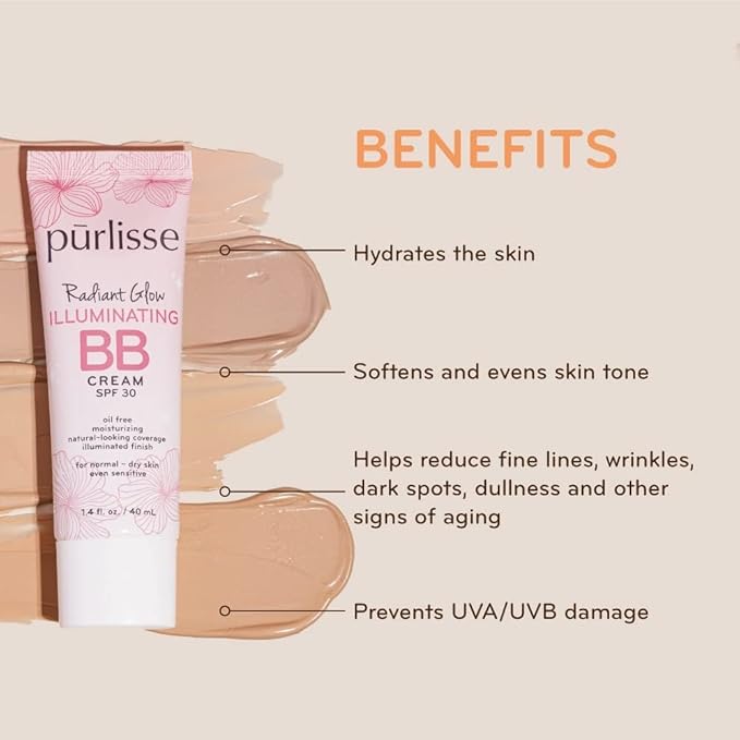 pūrlisse Radiant Glow Illuminating BB Cream with SPF 30 - Glow BB Cream Enriched with Goji & Hawthorn Berry for Dewy Skin - Helps to Improve Skin Texture & Radiance - Tan Deep (1.4 oz)