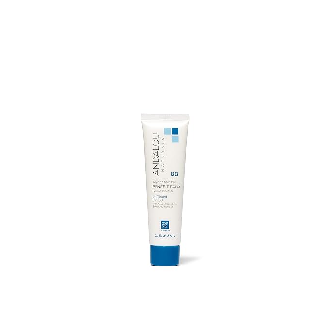 Andalou Naturals CLEAR SKIN Argan Stem Cell BB Benefit Balm, Un-Tinted SPF 30, 2-in-1 BB Cream & Face Sunscreen with Broad Spectrum Protection, Mineral Sunscreen for Oily Skin, 2 Fl Oz