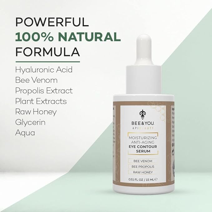 BEE and YOU Eye Cream, Anti Aging, Anti Wrinkle Serum 100% Natural with Bee Venom, Propolis Extract, Raw Honey, Hyaluronic Acid, For Dark Circles Under Eye Treatment and Puffiness, Skin Care, 15ml