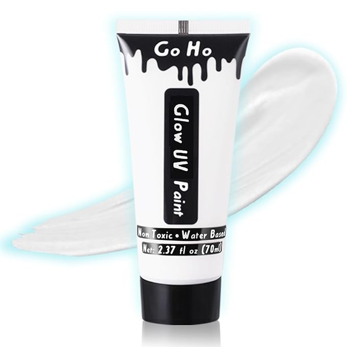 Go Ho Neon White Body Paint Washable(2.37oz,70ml),under UV Blacklight Neon Face Paint,Water Based Neon Fluorescent White Face Paint for Adults Children SFX Cosplay Costumes Festivals Halloween Makeup