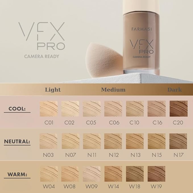 FARMASi Vfx Pro Foundation, Full Coverage Liquid Cream, Lightweight Long Lasting Coverage, Breathable Skin Moisturizer with Color True Matte Blending, Face Makeup, 1 fl. oz / 30 ml - Neutral Dark 17