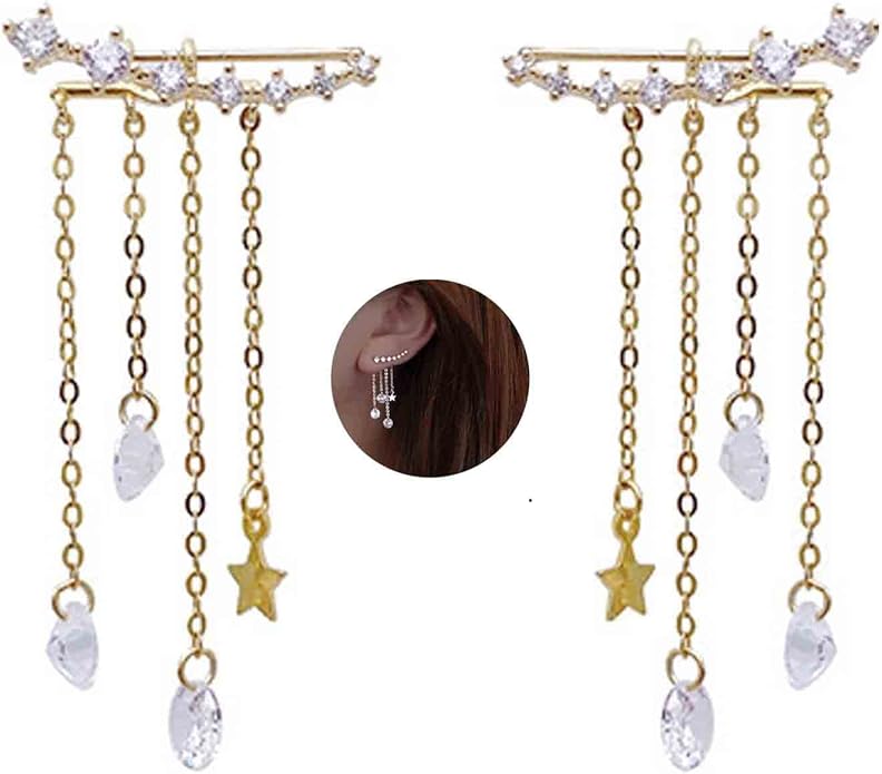Boho Star Ear Jacket Earrings Gold Cz Star Ear Climber Earrings Crystal Chain Tassel Earrings Crystal Ear Crawler Long Chain Earrings Jewelry for Women and Girls Gifts