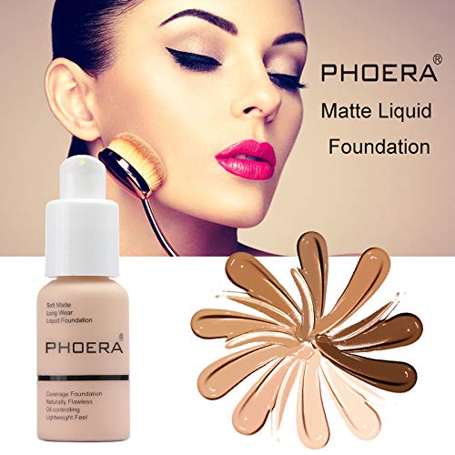 2 Pack PHOERA Foundation 103# Warm Peach and 104# Buff Beige, Flawless Soft Matte Liquid Foundation,24 HR Full Coverage Mattle Oil-Control Foundation Makeup.