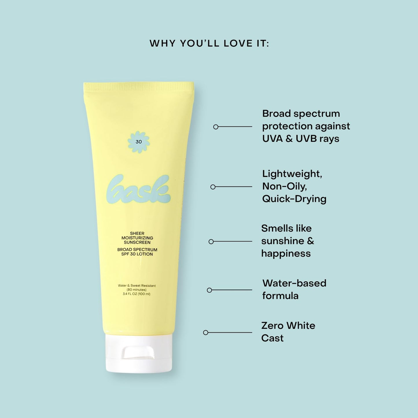 Bask Suncare SPF 30 Sheer Moisturizing Sunscreen Lotion - Broad Spectrum UVA/UVB Protection, Dermatologist Recommended, Hydrating, Lightweight & Fast Absorbing, No White Cast, Travel Size, 3.4 fl oz