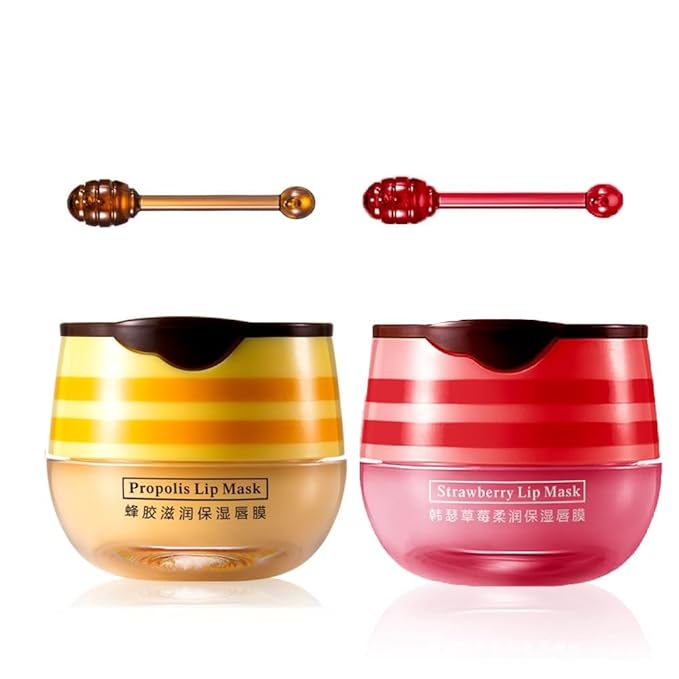 2 Pcs Bee Lip Balm Honey Pot,Honey & Strawberry Lip Mask Propolis Moisturizing Lip Balm with Stick,Prevention Dry and Cracked Lip Scrubs,Exfoliator Lip Wrinkle Skin Care Products