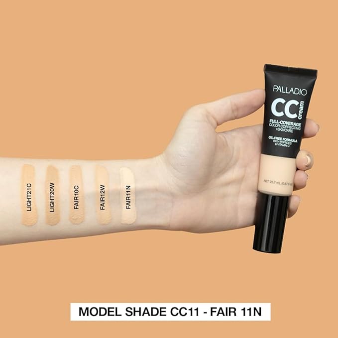 Palladio Full-Coverage Color Correction CC Cream, Oil-Free with Peptides & Vitamin C, Best for Correcting Redness and Uneven Skin Tone, Buildable Foundation Coverage (Light 20W)