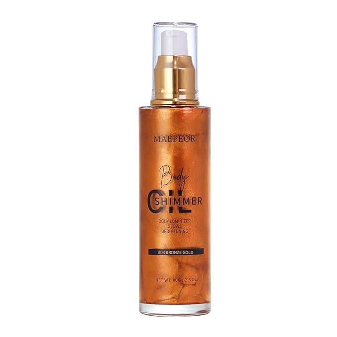 MAEPEOR Shimmer Body Luminizer 5 Colors Moisturizing Glow Illuminator Smooth and Non-sticky Summer Body Highlighter For Face & Body (80ML, 03 Bronze Gold)