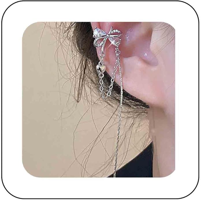 Vintage Crystal Bow Ear Cuff Earrings Rhinestone Bow Cuff Earrings Silver Long Chain Tassel Earrings Cz Chain Dangle Earrings Jewelry for Women