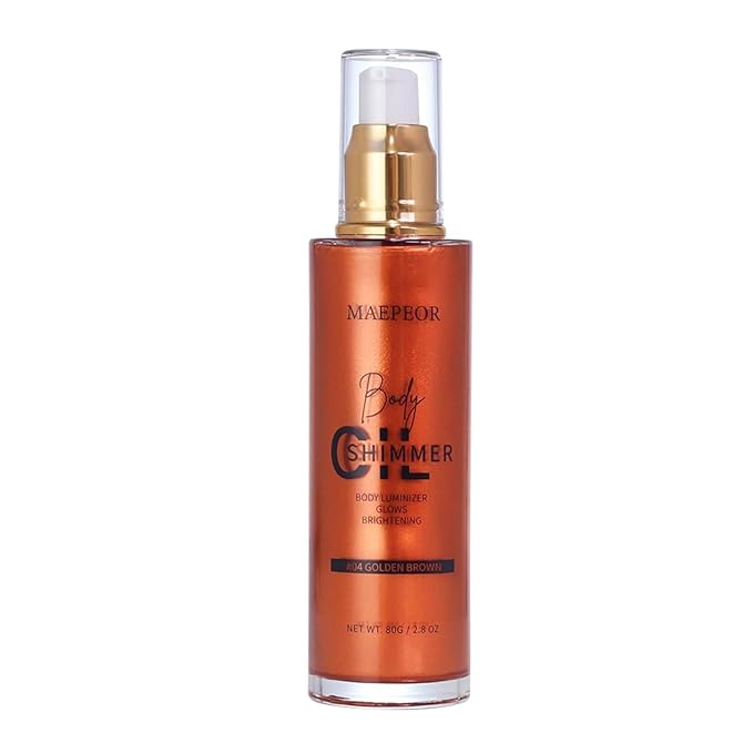 MAEPEOR Shimmer Body Luminizer 5 Colors Moisturizing Glow Illuminator Smooth and Non-sticky Summer Body Highlighter For Face & Body (80ML, 04 Golden Brown)