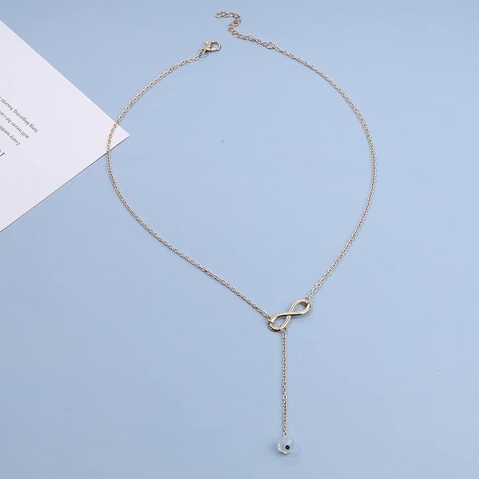 Boho Crystal Infinity Necklace Gold Y Necklace Minimalist Crystal Y Lariat Necklace Chain Jewelry for Women and Girls