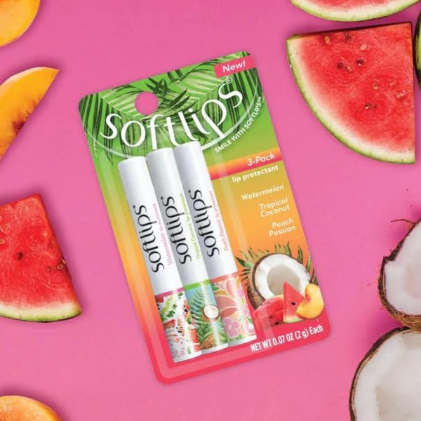 SoftLips Lip Balm, 0.63 oz - Tropical Lip Balm in Hydrating Watermelon, Coconut & Peach Flavors with Shea Butter & Vitamin E, Bundle with Moofin Wooden Comb, Nourishing LipBalm Set (Pack of 1)