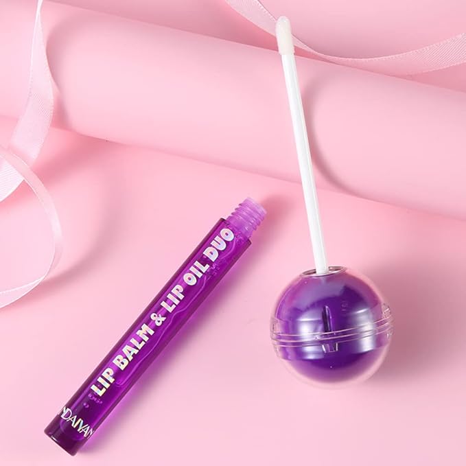 Tinted Lip Balm Lollipop Lip Gloss, Magic pH Color Changing Pink Lipstick & Vitamin E Clear Lip Oil Combo, Hydrating Plumping Lip Care Product for Girls (Blue)