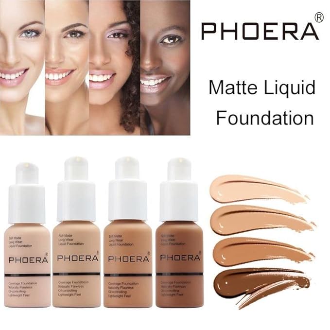 2 Pack PHOERA Foundation 103# Warm Peach and 104# Buff Beige, Flawless Soft Matte Liquid Foundation,24 HR Full Coverage Mattle Oil-Control Foundation Makeup.