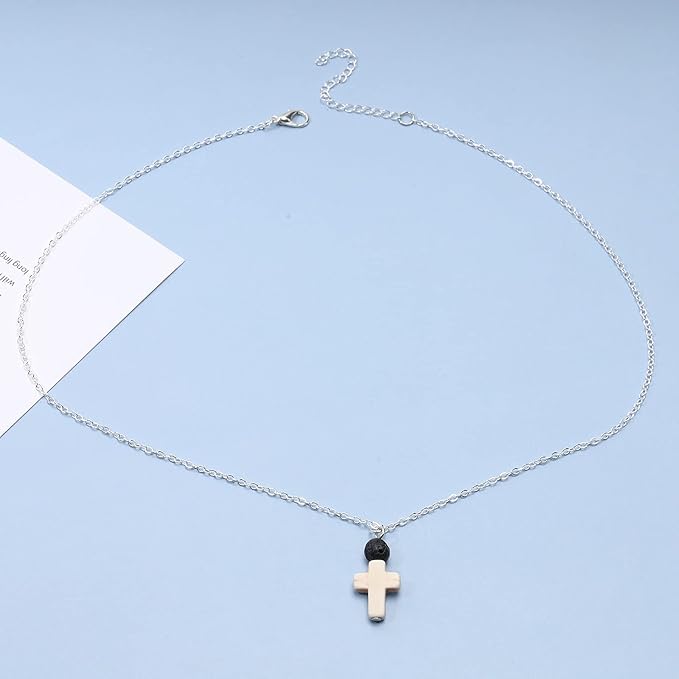 Boho Cross Pendant Necklace Black Lava Bead Choker Necklace Silver Chain Necklace Minimalist Everyday Necklace Jewelry for Women and Girls