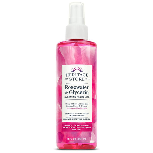 HERITAGE STORE Rosewater & Glycerin, Hydrating Facial Mist for Dry Combination Skin Care, Rose Water Spray for Face with Vegetable Glycerine, Made Without Dyes or Alcohol, Vegan, 8oz
