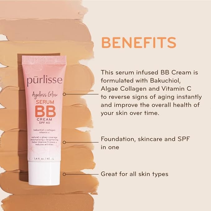 pūrlisse Ageless Glow Serum BB Cream SPF 40 - Glow BB Cream with SPF Enriched with Bakuchiol & Vitamin C to Help Improve Firmness & Reduce Wrinkles for Dewy Skin - Medium Warm (1.4 oz)