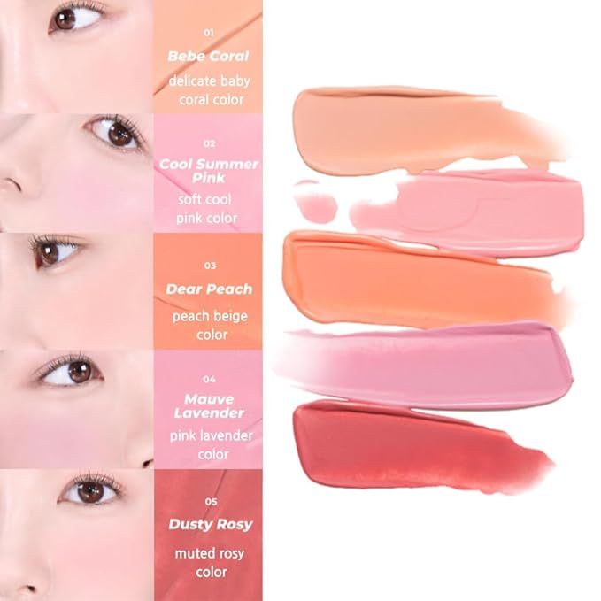Fluffy Air Blusher 5 Colors - Lightweight Melting Liquid Blush for Colorful Cheeks, Highly Pigmented, Cheekbones and Eye Makeup, Soft Matte Finish, Buildable Formula (01 BEBE CORAL)