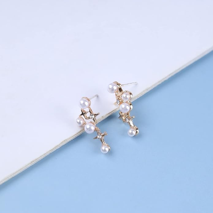 Vintage Pearl Star Earrings Rhinestone Pearl Drop Earrings Gold Crystal North Star Earrings Cz Northstar Studs Earrings Jewelry for Women