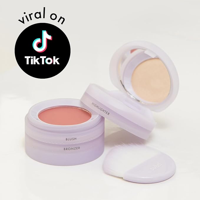Subtl Beauty 3-in-1 travel makeup kit by subtl staks | powder blush, bronzer, and highlighter | includes mirror lid and mini brush | for fair-light skin tones