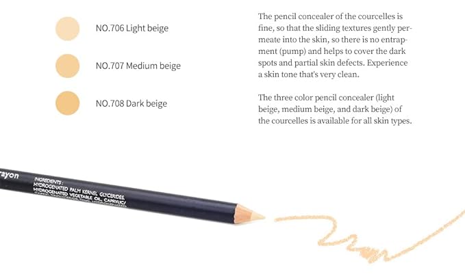 [K-Beauty Makeup] Courcelles Concealer Pencil CC706/CC707/CC708, Hard type-Natural Cover, light, medium, dark beige (CC708-Dark Beige)