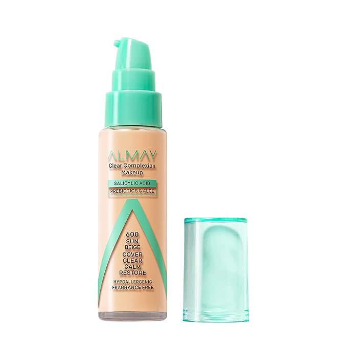 Almay Clear Complexion Acne Foundation Makeup with Salicylic Acid - Lightweight, Medium Coverage, Hypoallergenic, Fragrance-Free, for Sensitive Skin, 600 Sun Beige, 1 fl oz.