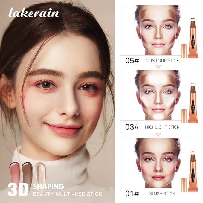 3 Pcs YU KUI LX Liquid Beauty Stick, Highlighter Makeup, Blush Stick, Liquid Highlighter, Contour StickMultifunctional Beauty Stick，Beauty Cream With Cushion Applicator (01#+03#+05#)