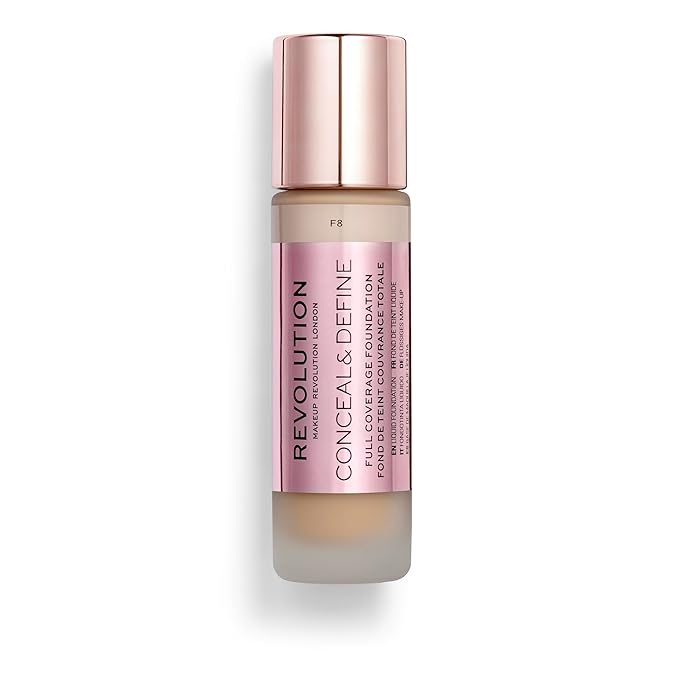 Revolution Beauty, Conceal & Define Foundation, Full Coverage, Long-Lasting Matte Finish, Vegan & Cruelty Free, F8 Light to Medium Skin Tones, 0.8 Fl.Oz.