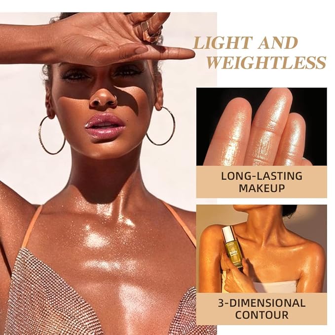 40ml Body Shimmer Oil,Face and Body Liquid Luminizer,Smooth Body Shimmer Oil For Sunshine Bath, Waterproof Moisturizing Light Shimmer Glow Illuminator,Liquid Highlighter Makeup,Makeup Brush Include (1#-Silver)