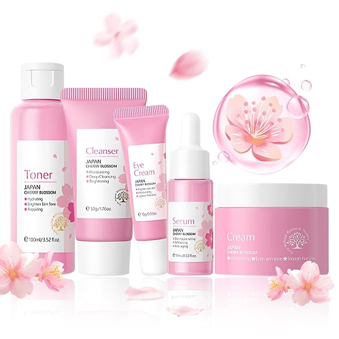 Skin Care Set, Cherry Blossom Skin Care Sets & Kits, Skin Care for Teenage Girls Gift Set with Cleanser, Toner, Serum, Eye Cream, Facial Cream, Facial Skin Care Sets & Kits for Teenage Girls Women