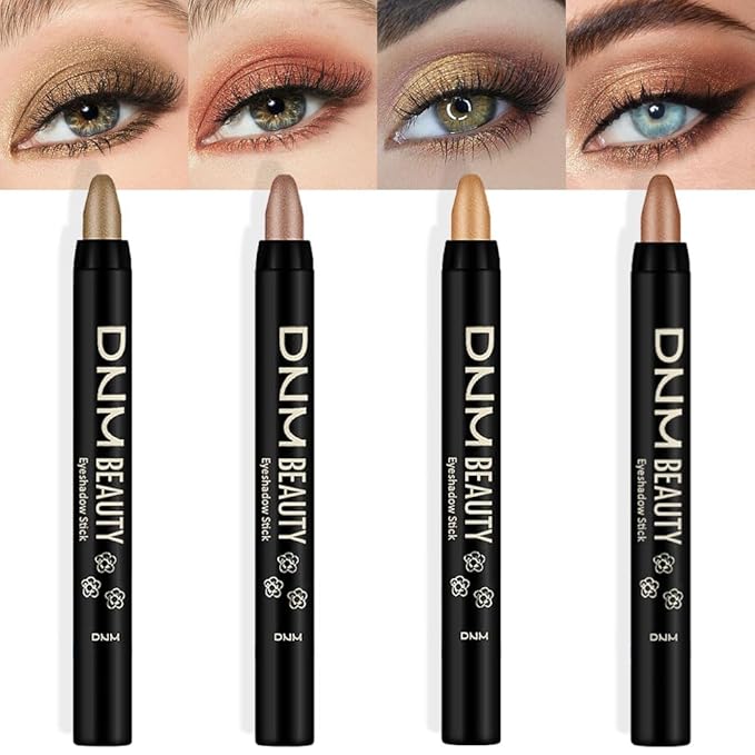 Kaely 4Pcs Metallic Shimmer Eye Shadow Sticks Set, Light Khaki Rose Gold Desert Gold Beige Gold, Eyeliner Pencil Eyeshadow Palette Halloween Makeup, Eye Highlighter Brightener Stick for Women