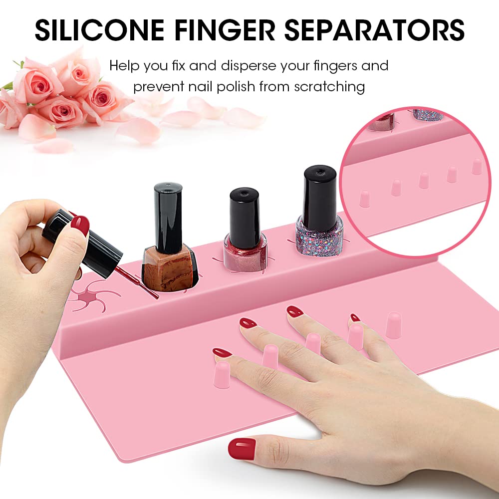 Nail Polish Holder, Silicone Hand Rest Mat Fingernail Painting Tools 2 in 1 Art Accessories Organizer Case Set with Anti-Spill Bottle Stand and Finger Separators for Pedicure Manicure-Pink