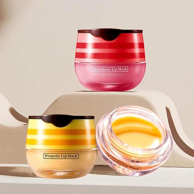 3 PCS Bee Lip Balm Honey Pot, Exfoliating Honey Strawberry Watermelon Lip Mask Overnight with Built-In Brush, Hydrating Prevention Dry and Crack Lip Scrubs Exfoliator Lip Wrinkle Care