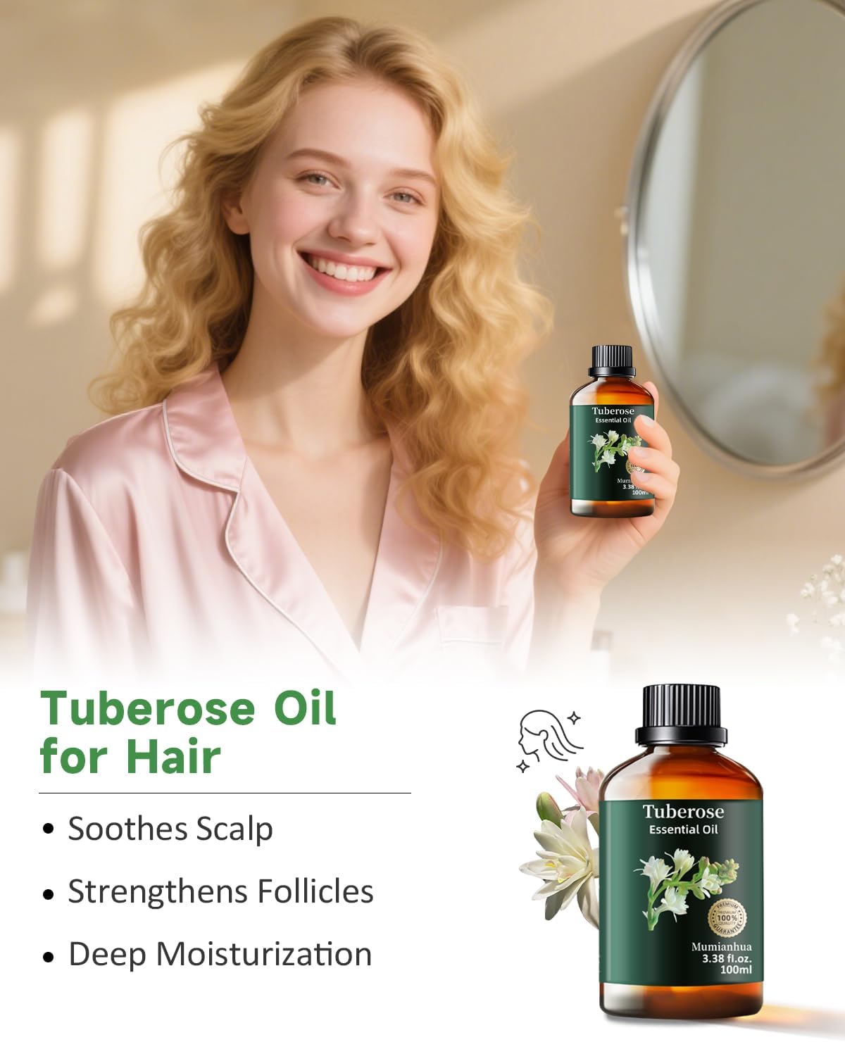 Mumianhua Tuberose Essential Oil 100% Pure Therapeutic Grade Natural Flower Tuberose Oil for Diffuser, Massage, Yoga, Skin,Hair, DIY Perfumes & Fragrance Candle Making Scents 3.38 Fl Oz