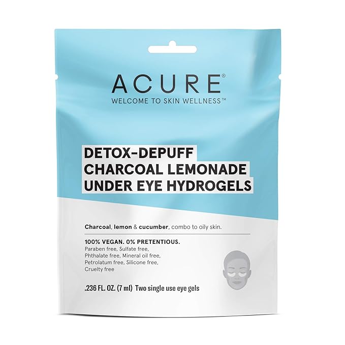 Acure Detox-Depuff Charcoal Lemonade Under Eye Hydrogels | 100% Vegan | For Oily to Normal & Acne Prone Skin | Charcoal, Lemon & Cucumber - Detoxies & De-Puffs Under Eye Area | 2 Single Use | 1 Count