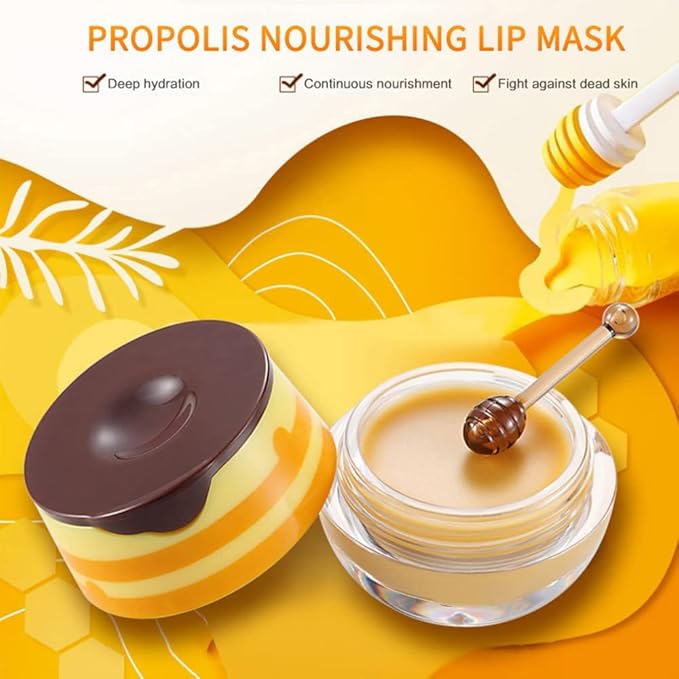 Bee Lip Mask Balm Honey Pot, 2PCS Honey Lip Sleeping Mask Hydrating Prevention Dry and Cracked Lip Scrubs Exfoliator, Overnight Lip Mask Reduces Lip Lines