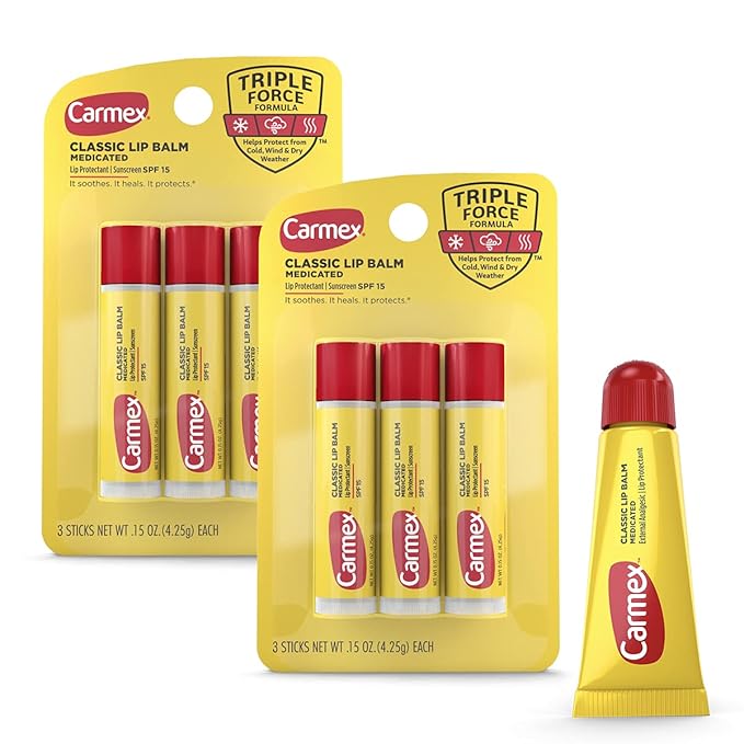 Carmex Medicated Lip Balm Sticks, Lip Moisturizer for Dry, Chapped Lips, 0.15oz, 3 Count (2 Packs) plus 1 Count Carmex Lip Balm Tube, 0.35oz
