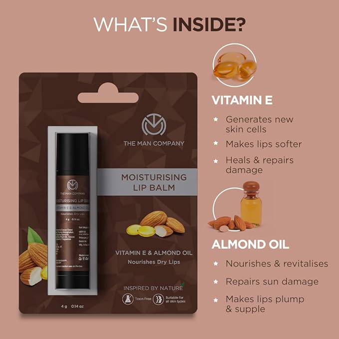 The Man Company Nourishing Lip Balm with Vitamin E, Almond & Olive Oil | Soft, Supple, Moisturizes | Free from Dry/Chapped Lips - 4gm