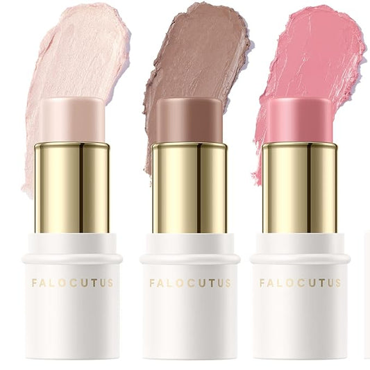 3 Pcs FAIR Contour Stick Set,Cream Blush & Highlighter Bronzer Pen,Long Lasting & Smooth Natural Face Contouring Illuminator,Professional Makeup Kit for All Skin