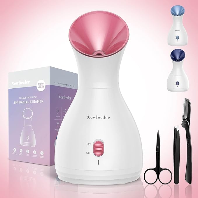 Newbealer 2in1 Facial Steamer, Hot Mist Facial Aromatherapy Humidifier Atomizer, Large Face Steamer Unclogs Pores Sinuses Moisturizing, Home Sauna Spa with Eyebrow Set (Red, 170ml)