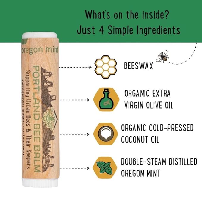 Portland Bee Balm All Natural Handmade Beeswax Based Lip Balm, Oregon Mint 24 Count