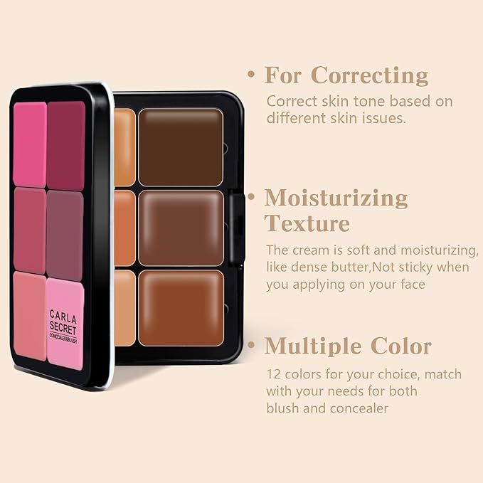 Cream Blush & Concealer Palette, 12 Colors, Long Wearing, Smudge Proof, Blendable Matte Finish, Face Makeup (02)