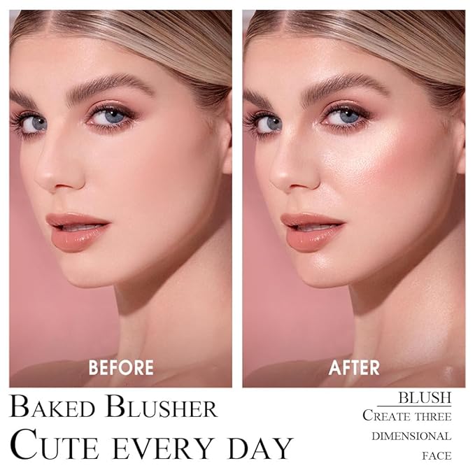 Baked Blush Powder, Natural Glow Blush Palette for Cheeks, Contour Brighten Highlight Face for a Shimmery or Matte Finish, Lightweight Blendable, Long Lasting Face Makeup #01
