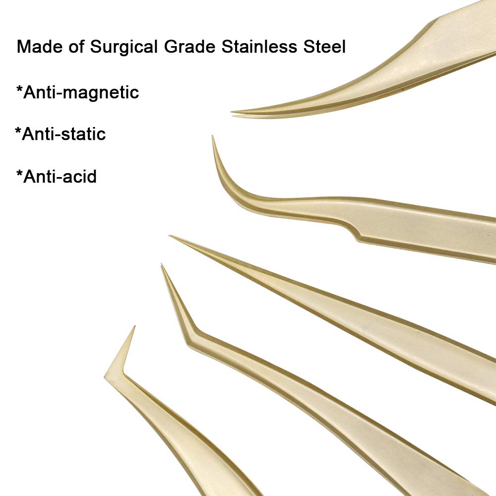 Ms.Queen Eyelash Extension Tweezers Set-Precision Tweezers for 2D-6D Volume&Individual False Lashes Extensions with PU Storage Case-Golden