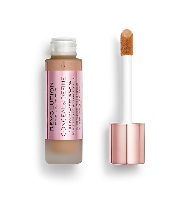 Revolution Beauty, Conceal & Define Foundation, Full Coverage, Long-Lasting Matte Finish, Vegan & Cruelty Free, F11 Medium to Dark Skin Tones, 0.8 Fl.Oz.